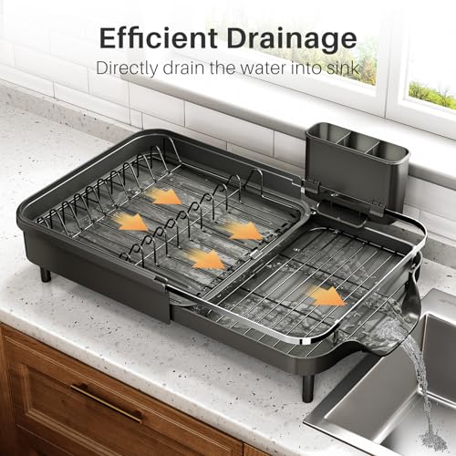Expandable Stainless Steel Dish Drying Rack with Utensil Holder