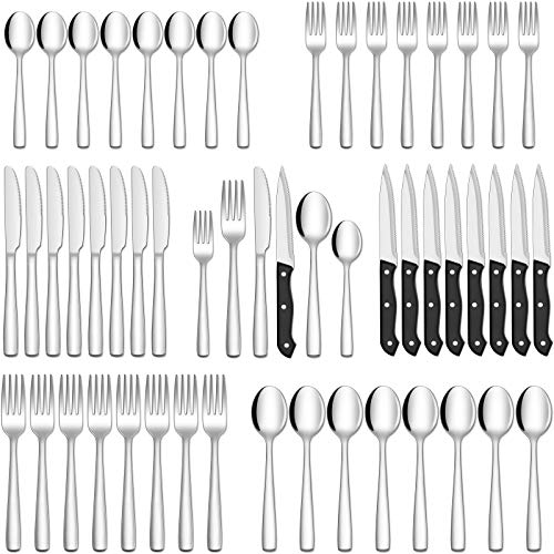 48-Piece Stainless Steel Silverware Set with Steak Knives