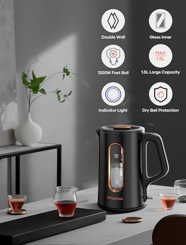 INTASTING Electric Kettle, Double Wall Glass Inner, 1.5-Liter