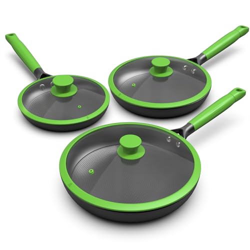 imarku Nonstick Frying Pan Set with Lids, 3-pc Cast Iron Skillets