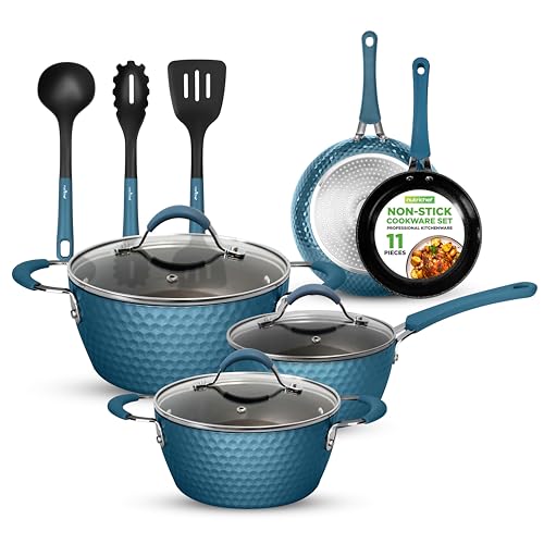 NutriChef 11 Pc Non Stick Cookware Set Royal Blue