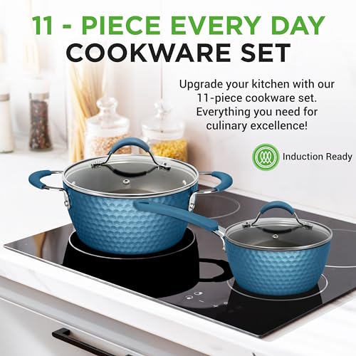 NutriChef 11 Pc Non Stick Cookware Set Royal Blue