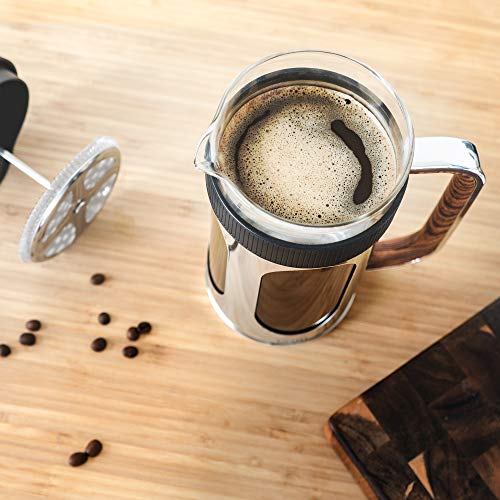 Brim 8 Cup French Press, Brew Coffee in 5 Minutes, Dishwasher Safe, Stainless Steel/Wood