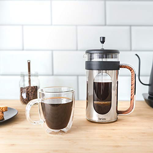 Brim 8 Cup French Press, Brew Coffee in 5 Minutes, Dishwasher Safe, Stainless Steel/Wood