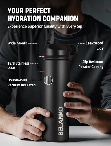 BELANKO 24oz Stainless Steel Water Bottle with 3 Lids