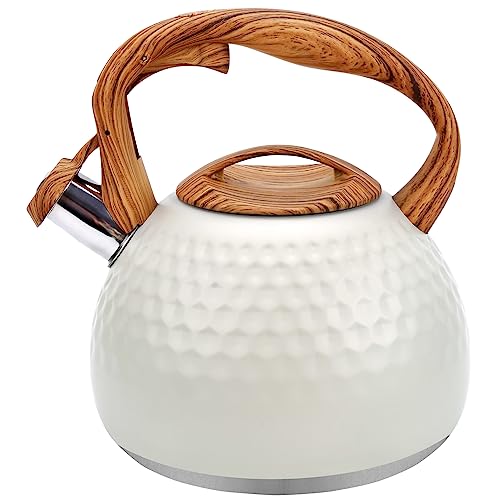 Creamy Teakettle with Wood Handle, Whistling Tea Kettle