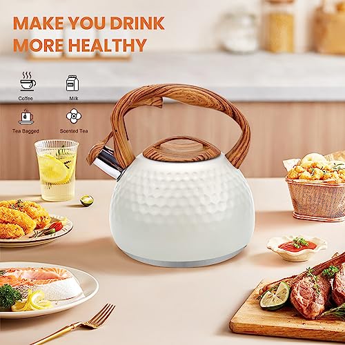 Creamy Teakettle with Wood Handle, Whistling Tea Kettle