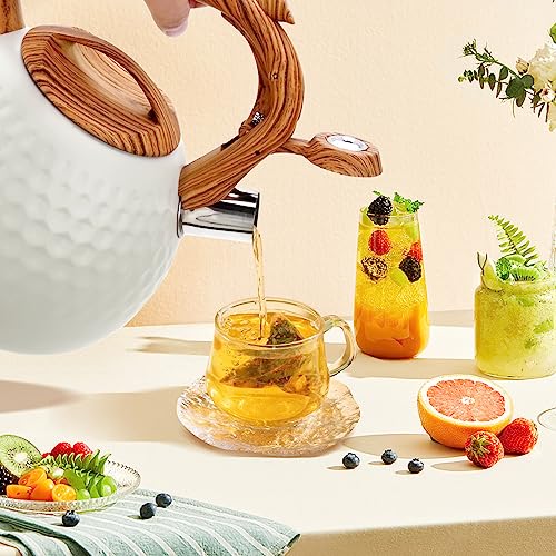 Creamy Teakettle with Wood Handle, Whistling Tea Kettle