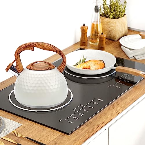 Creamy Teakettle with Wood Handle, Whistling Tea Kettle