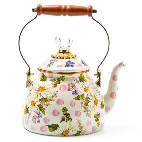 MACKENZIE-CHILDS Enamel Tea Kettle, Pink Wildflowers, 2-Quart Capacity