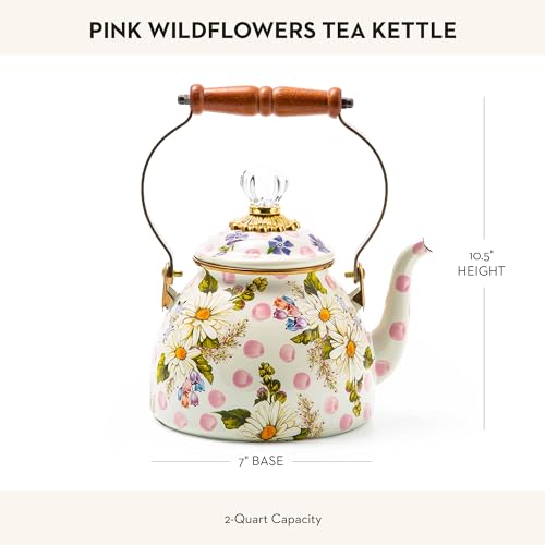 MACKENZIE-CHILDS Enamel Tea Kettle, Pink Wildflowers, 2-Quart Capacity