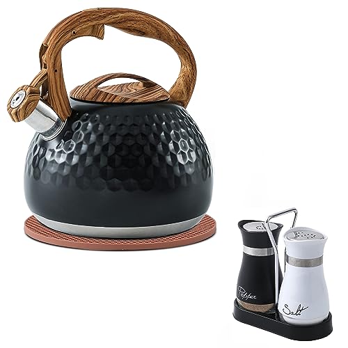 3 Quart Tea Kettle with Salt and Pepper Set Black