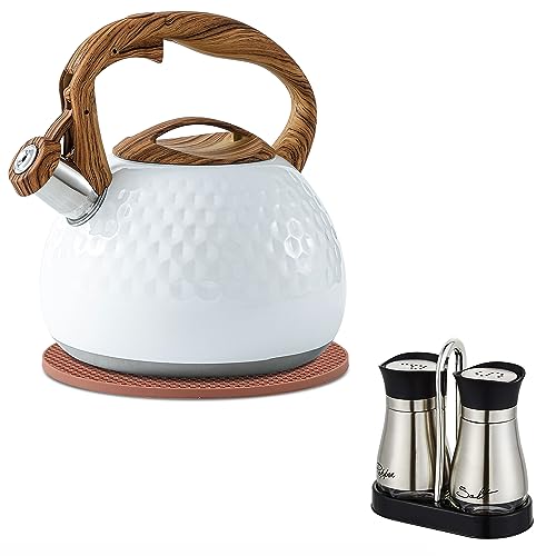 3 Quart Tea Kettle with Salt and Pepper Set White