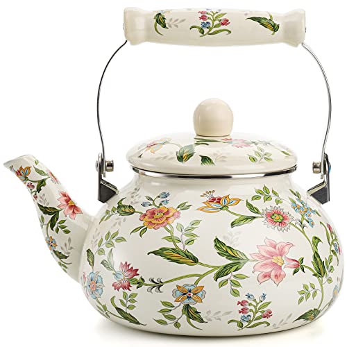 Vintage Enamel Tea Kettle, Green Floral, Cool Touch