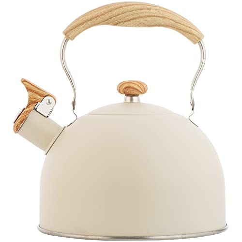 Whistling Tea Kettle with Wood Grain Handle, White