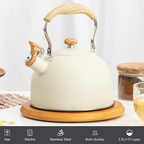 Whistling Tea Kettle with Wood Grain Handle, White