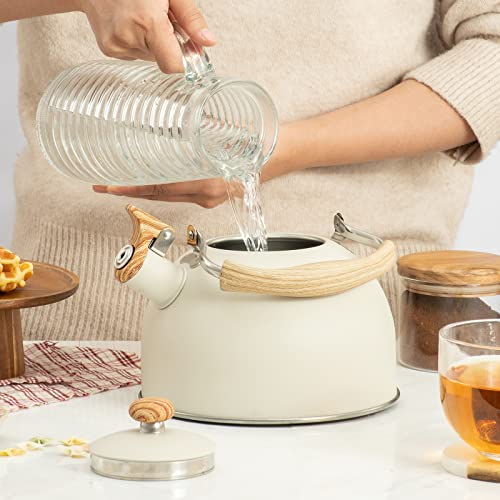 Whistling Tea Kettle with Wood Grain Handle, White