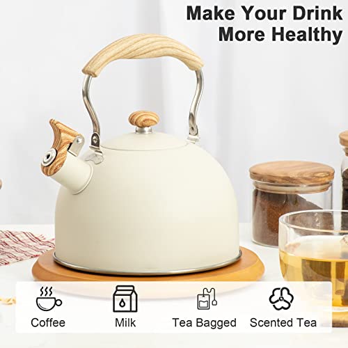 Whistling Tea Kettle with Wood Grain Handle, White