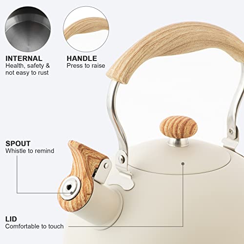 Whistling Tea Kettle with Wood Grain Handle, White