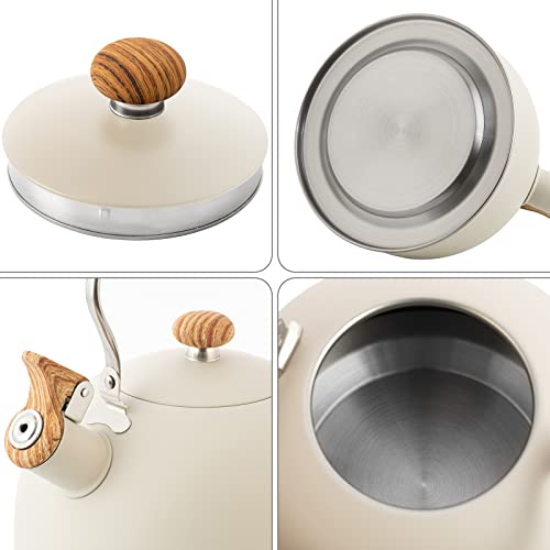 Whistling Tea Kettle with Wood Grain Handle, White
