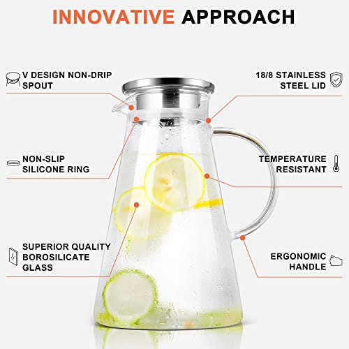 Glass Pitcher with Lid for Hot/Cold Beverages & Brush