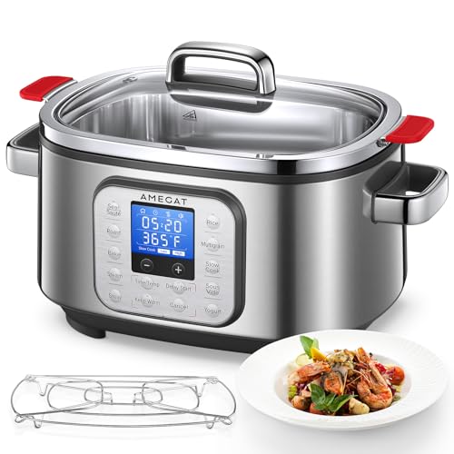 AMEGAT 10-in-1 Slow Cooker 6 Quart Stainless Steel