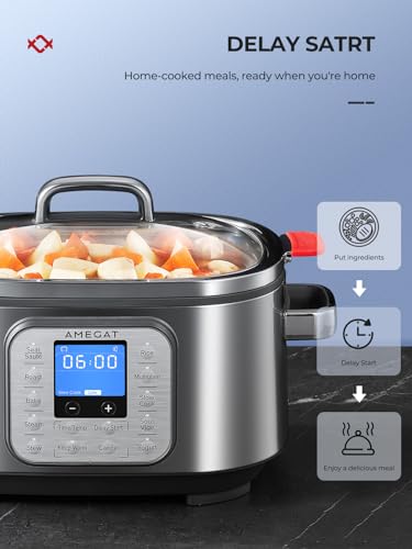 AMEGAT 10-in-1 Slow Cooker 6 Quart Stainless Steel