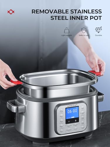 AMEGAT 10-in-1 Slow Cooker 6 Quart Stainless Steel