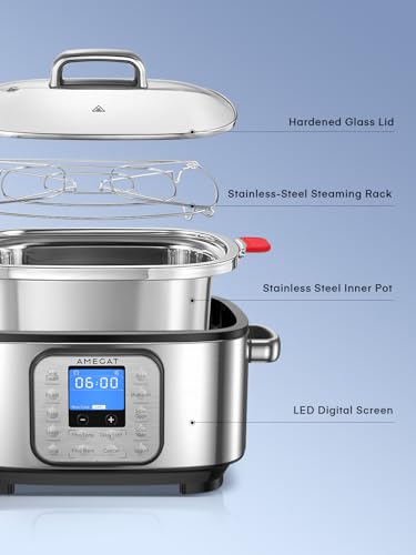 AMEGAT 10-in-1 Slow Cooker 6 Quart Stainless Steel