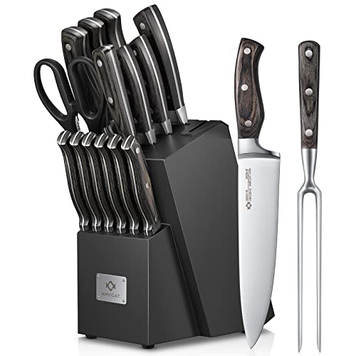 AMEGAT 15-Piece Knife Set with Built-in Sharpener