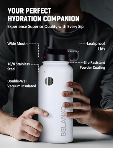 BELANKO 32 Oz Stainless Steel Water Bottle with Straw