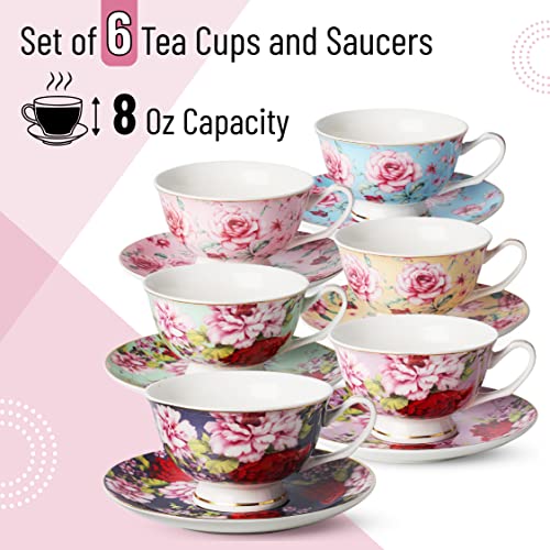 Floral Bone China Tea Cups and Saucers Set