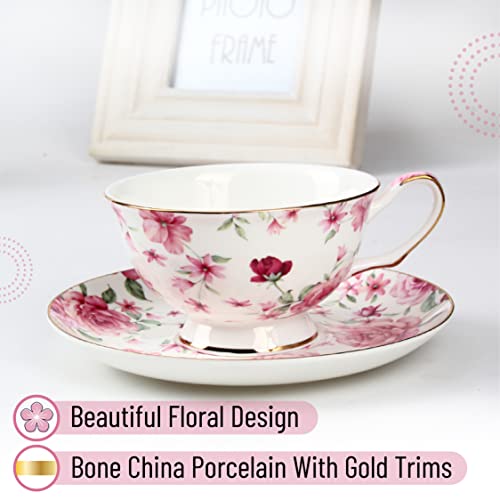 Floral Bone China Tea Cups and Saucers Set