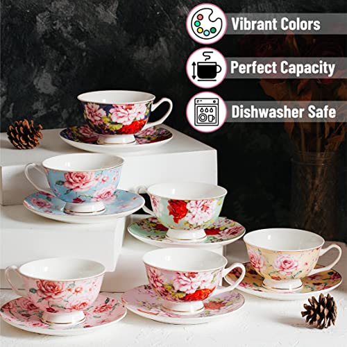 Floral Bone China Tea Cups and Saucers Set