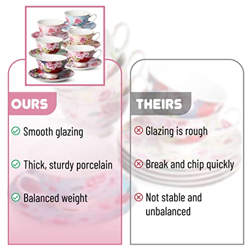 Floral Bone China Tea Cups and Saucers Set