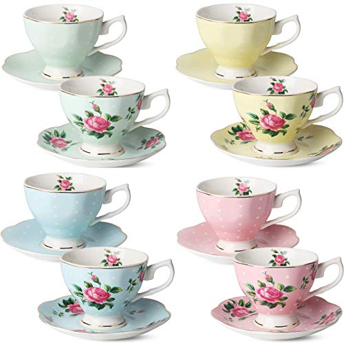 Floral Porcelain Tea Cup Set with Saucers