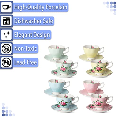 Floral Porcelain Tea Cup Set with Saucers