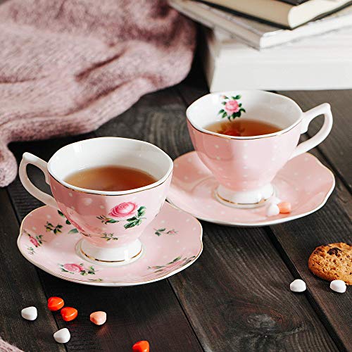 Floral Porcelain Tea Cup Set with Saucers