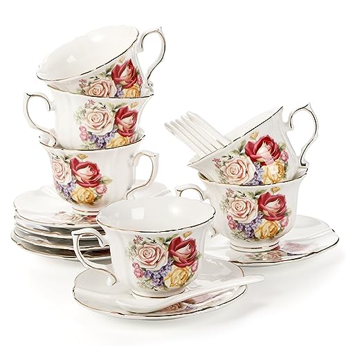 Pumtus Floral Ceramic Tea Cups and Saucers Set