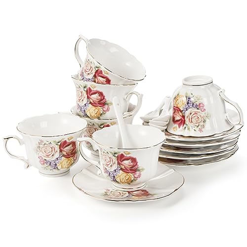 Pumtus Floral Ceramic Tea Cups and Saucers Set