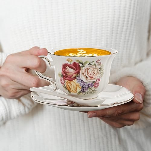 Pumtus Floral Ceramic Tea Cups and Saucers Set