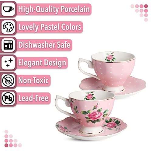 Floral Tea Cups Set with Gold Trim - 2pc