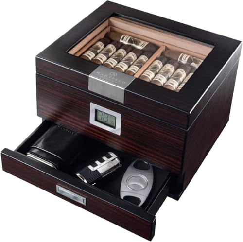 Mantello Cigars Humidor with Digital Hygrometer, Holds 25-50 Cigars