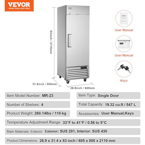 VEVOR 19.32 Cu.ft Stainless Steel Reach-In Refrigerator