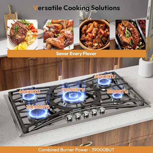 Empava 36" Gas Stove Cooktop, 5 Sabaf Burners