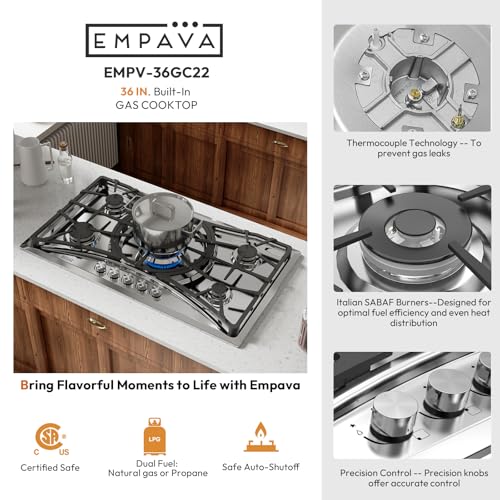 Empava 36" Gas Stove Cooktop, 5 Sabaf Burners