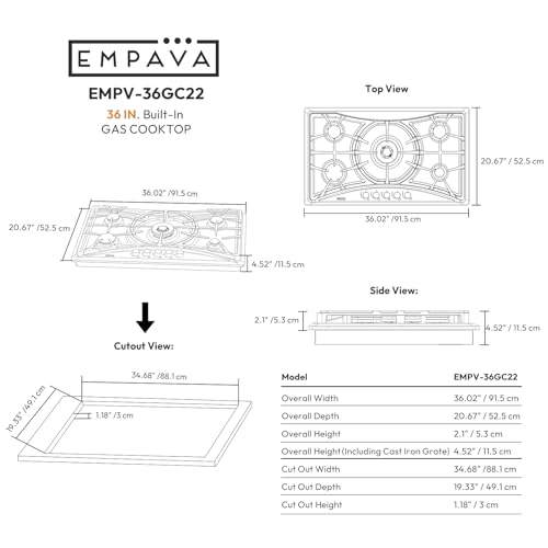 Empava 36" Gas Stove Cooktop, 5 Sabaf Burners