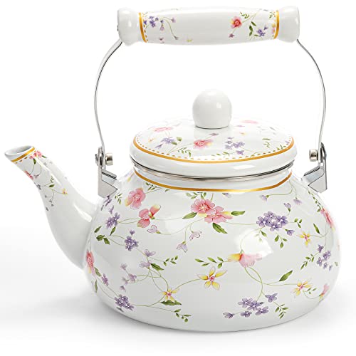 Vintage Enamel Tea Kettle, 2.6 Quart Floral Steel