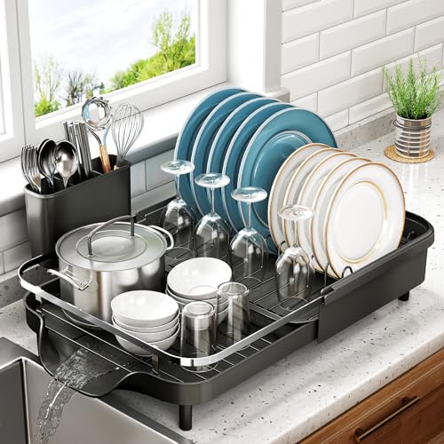 Expandable Stainless Steel Dish Drying Rack with Utensil Holder