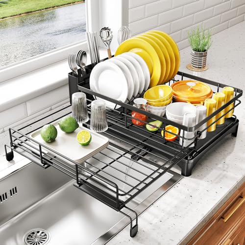 Extendable Stainless Steel Dish Drying Rack with Utensil Holder